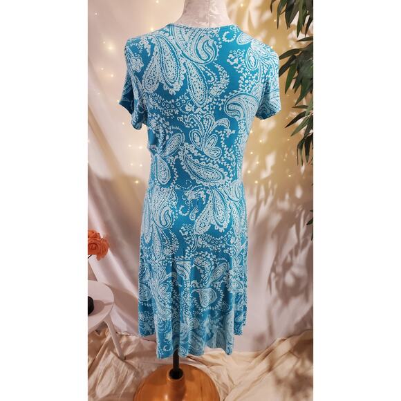Lands End Paisley Draped Crossover V-Neck Short Sleeve Dress Size M Blue Stretch - Picture 3 of 10